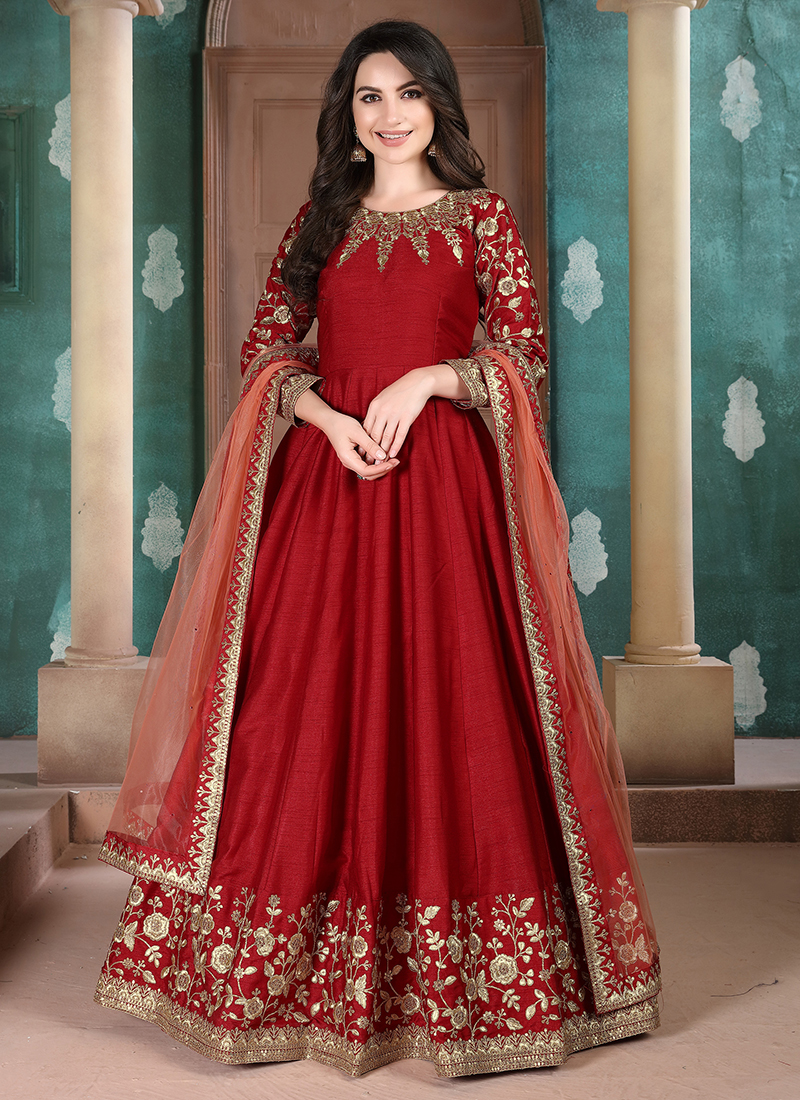 Buy Adda Silk Red Party Wear Embroidery Work Anarkali Suit Online From Wholesale Salwar